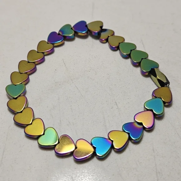 Heart-Shaped Hematite Beaded Stretch Bracelet HANDMADE NWOT - Picture 4 of 7